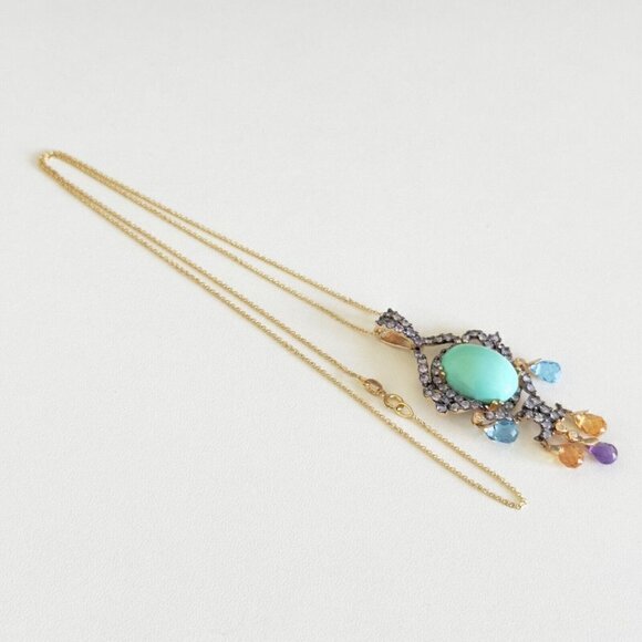 14k Yellow Gold Turquoise Multi Gemstone Chandelier Pendant Chain Necklace 18" - Picture 6 of 16